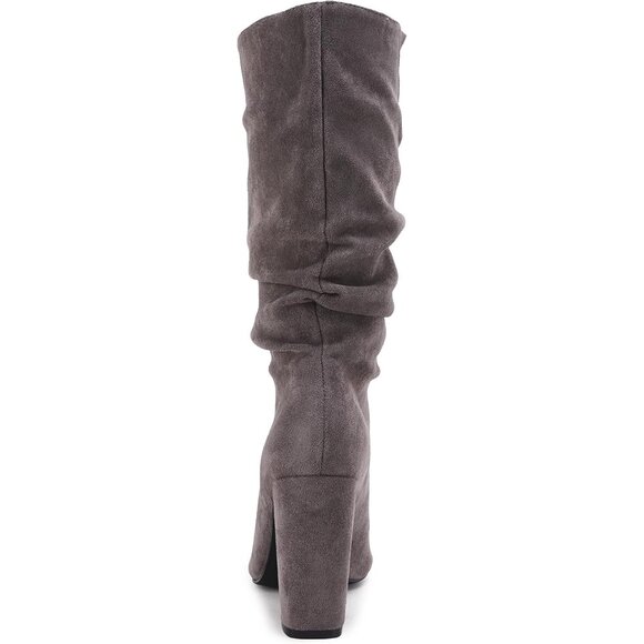 Women's Grey Suede Mid Calf High Slouchy Chunky Heel Block Pointed Toe Boots - Picture 7 of 7